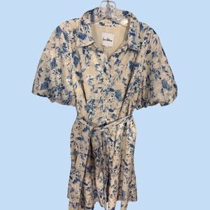 Sam Edelman Blue Floral Eyelet Shirtdress Plus Size 16 Puff Sleeve Belted Mini